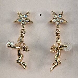Kirks Folly Angel Star Dangle Earrings Aurora Borealis Crystal w Box